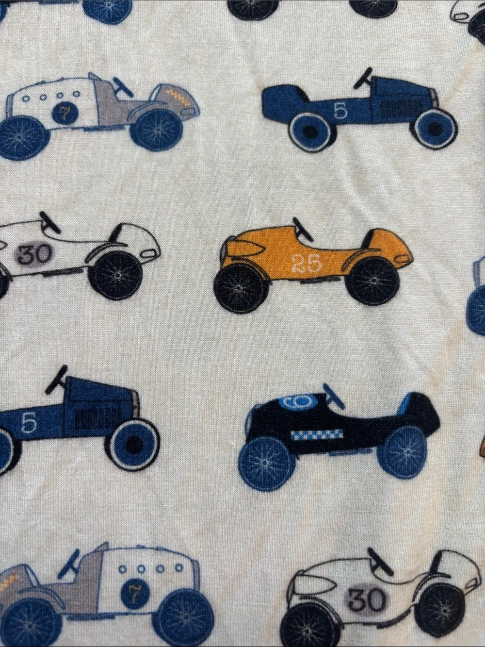 Posh Peanut Cream One-Piece with Navy and Orange Race Cars 0-3m